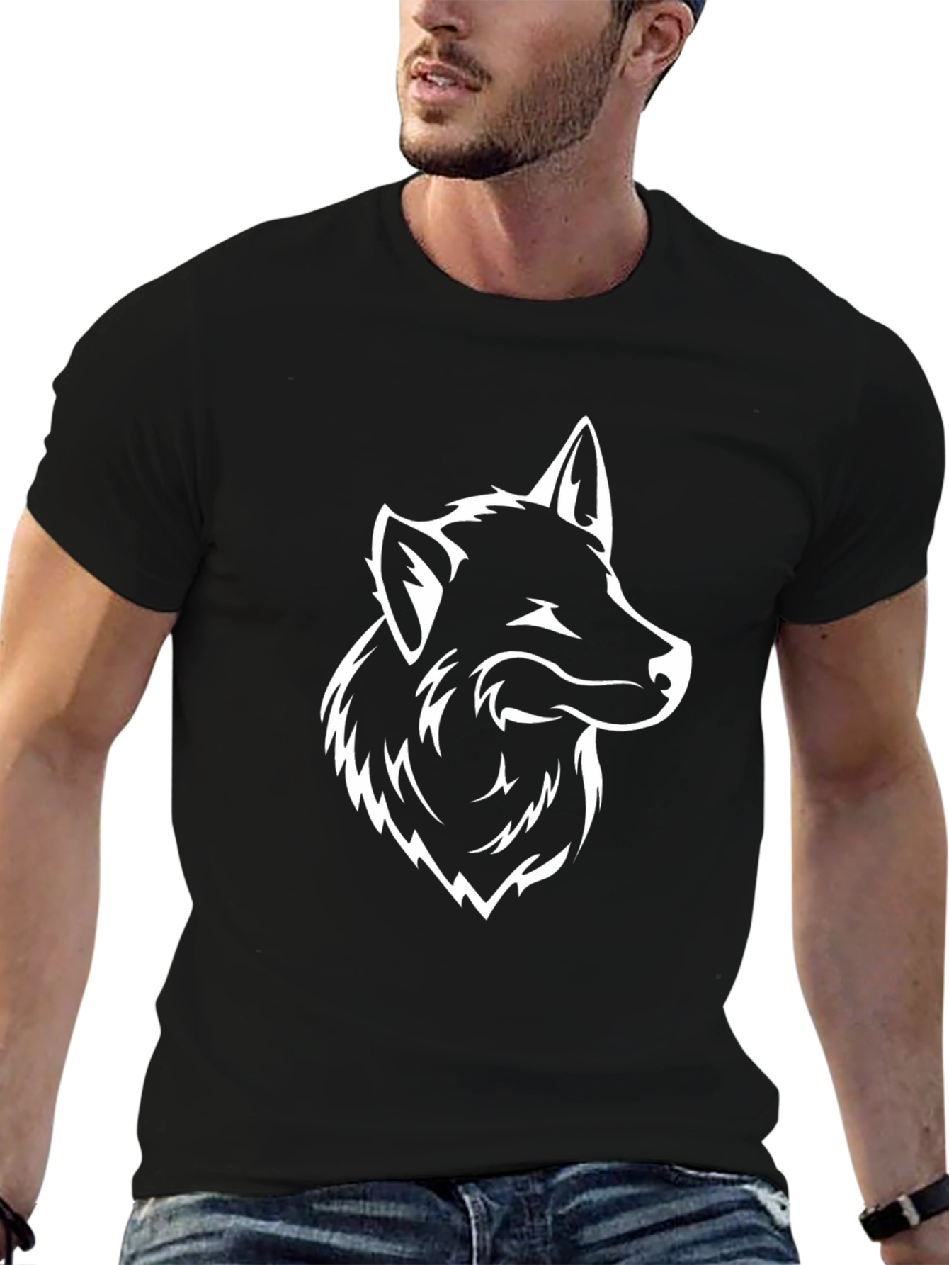Black T-Shirt with Wolf Head Graphic
