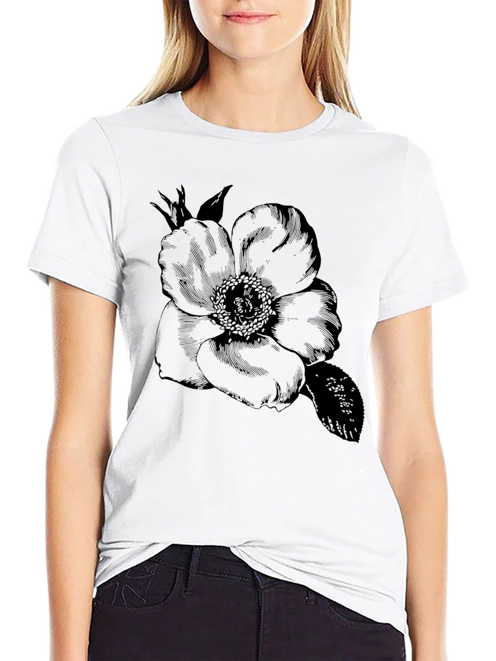Elegant Floral Graphic Tee - Black Cotton Blend