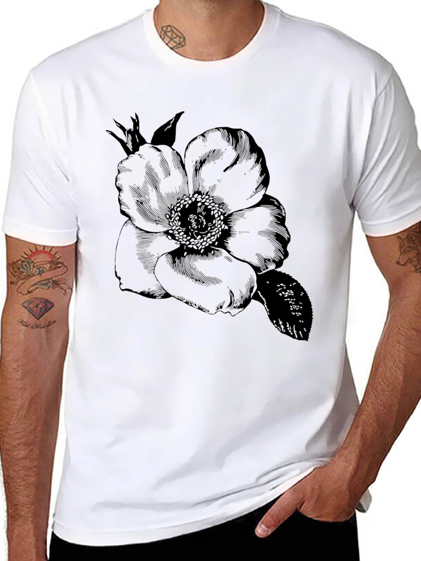 Elegant Floral Graphic Tee - Black Cotton Blend