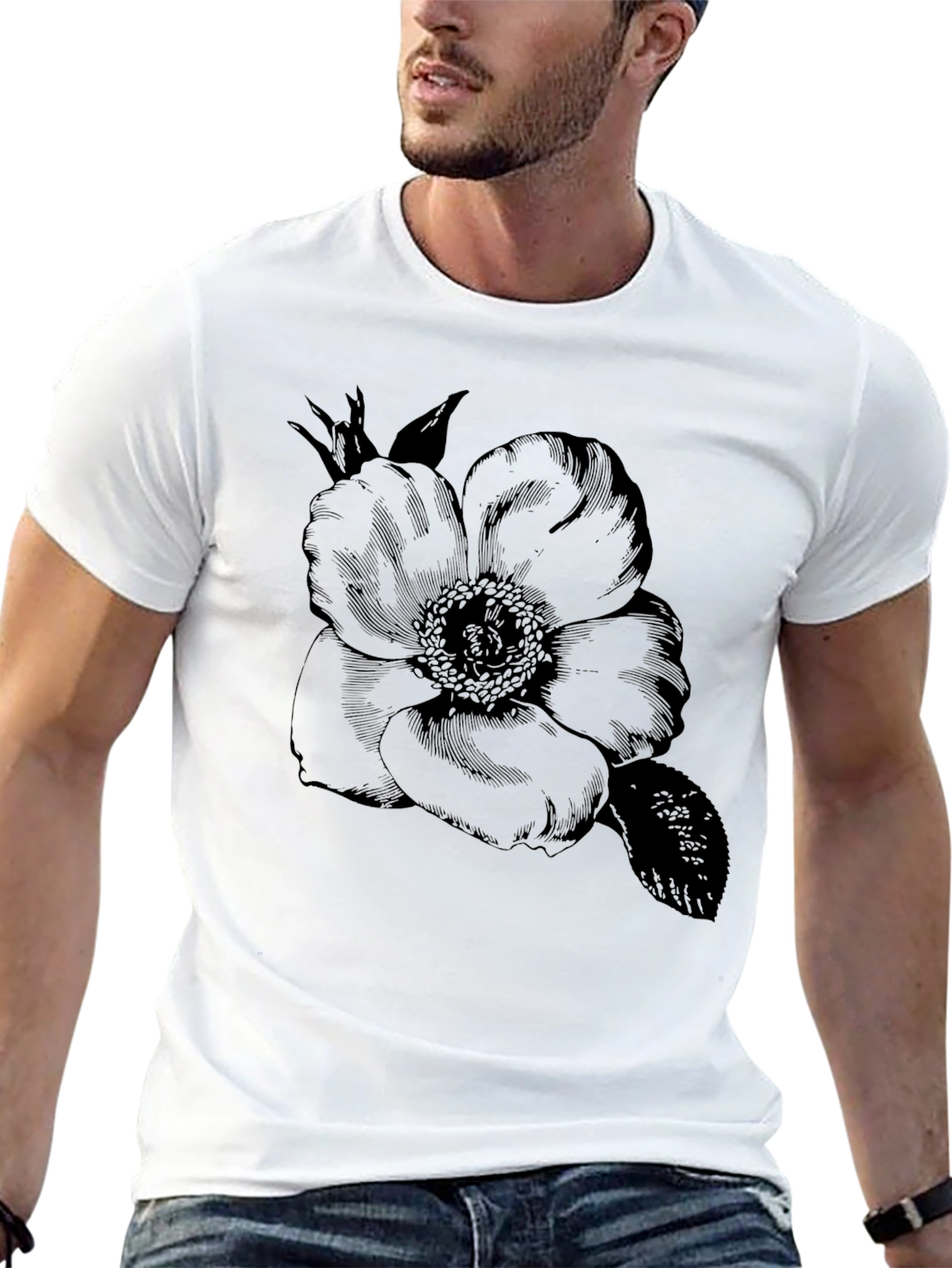 Elegant Floral Graphic Tee - Black Cotton Blend