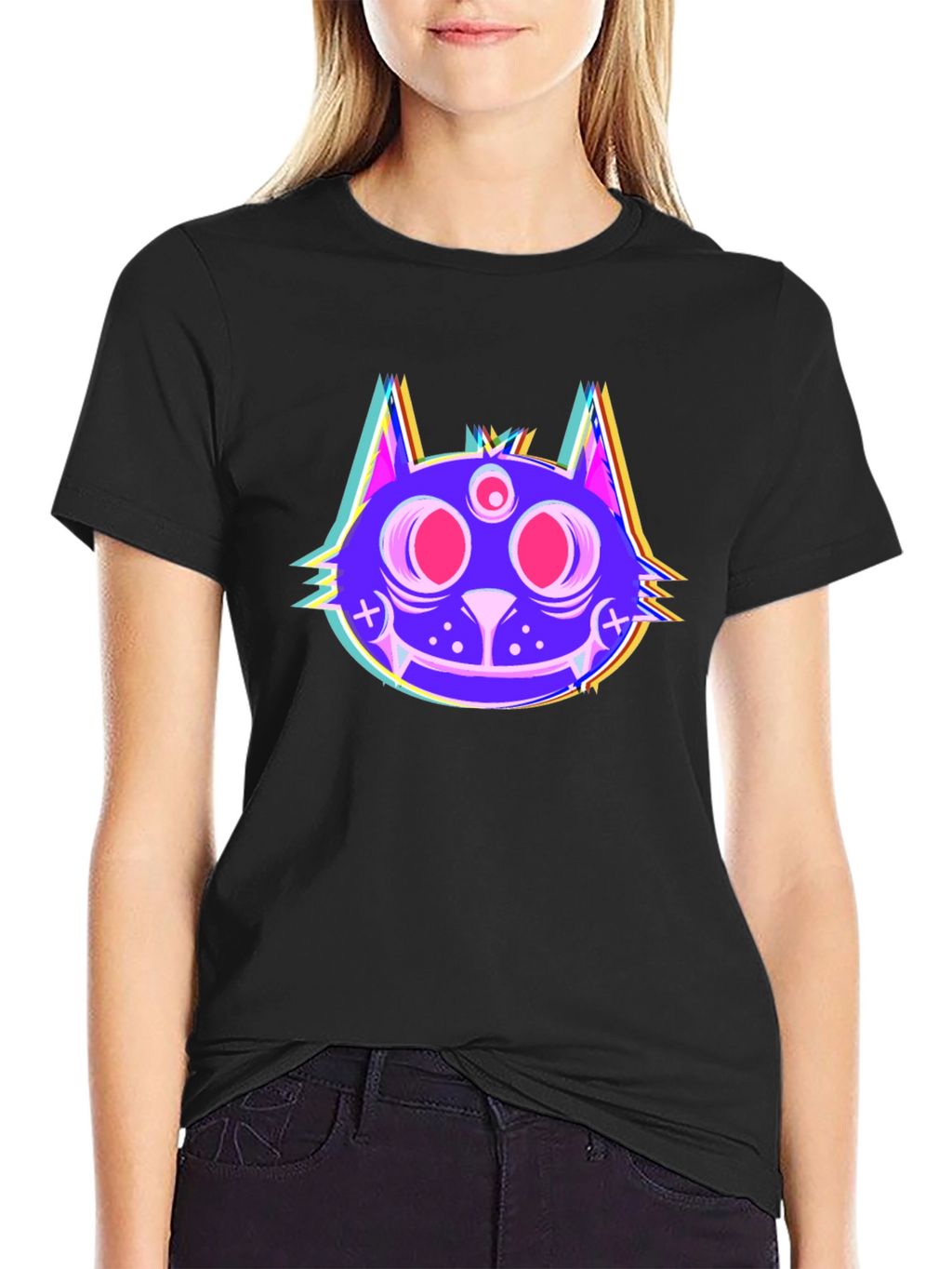 Psychedelic Cat Head Black T-Shirt