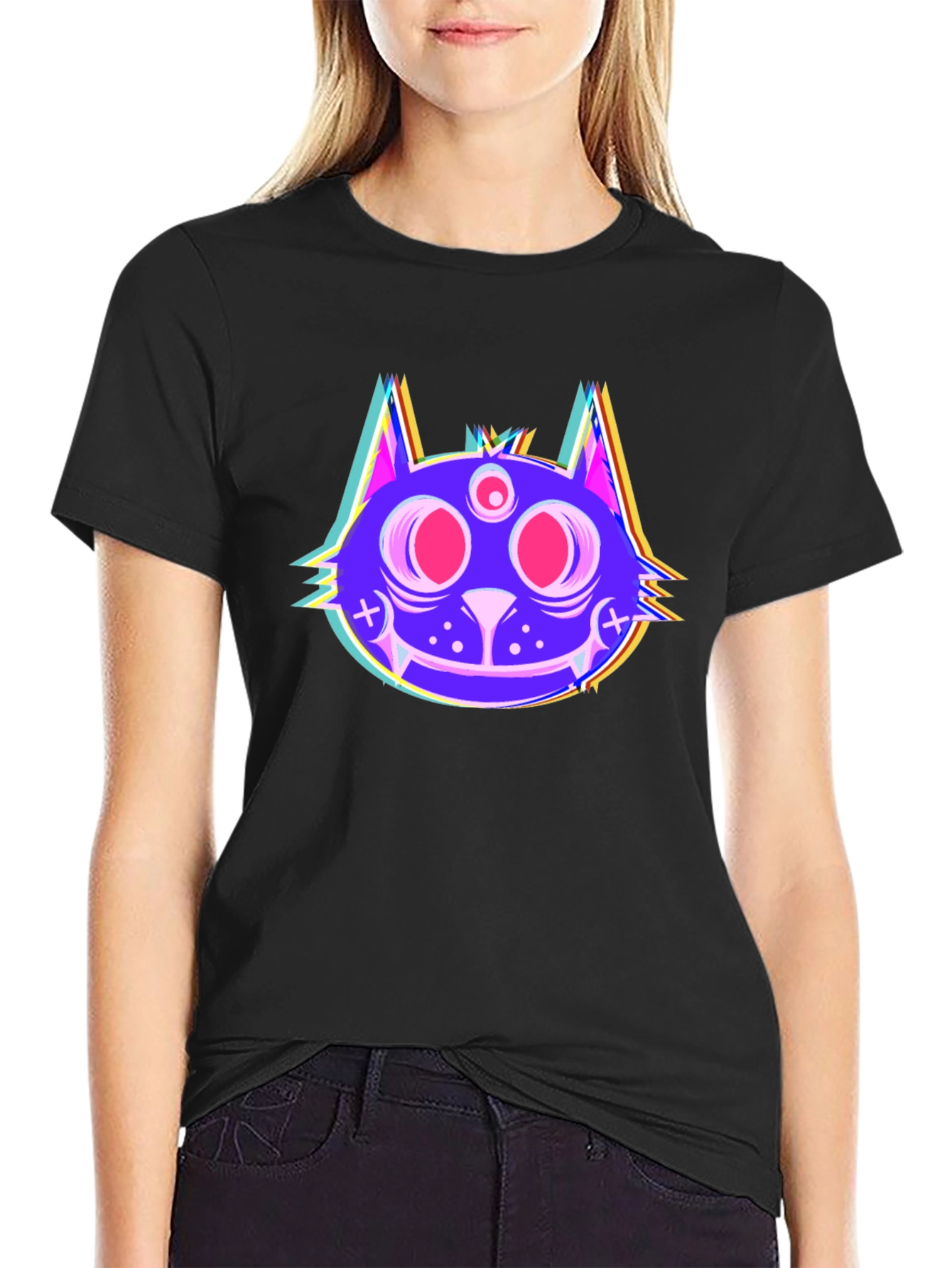 Psychedelic Cat Head Black T-Shirt