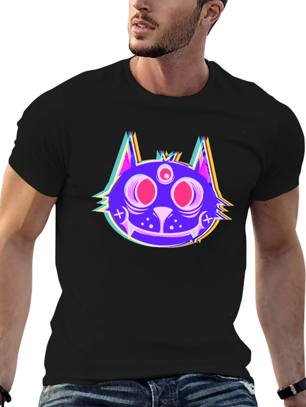 Psychedelic Cat Head Black T-Shirt