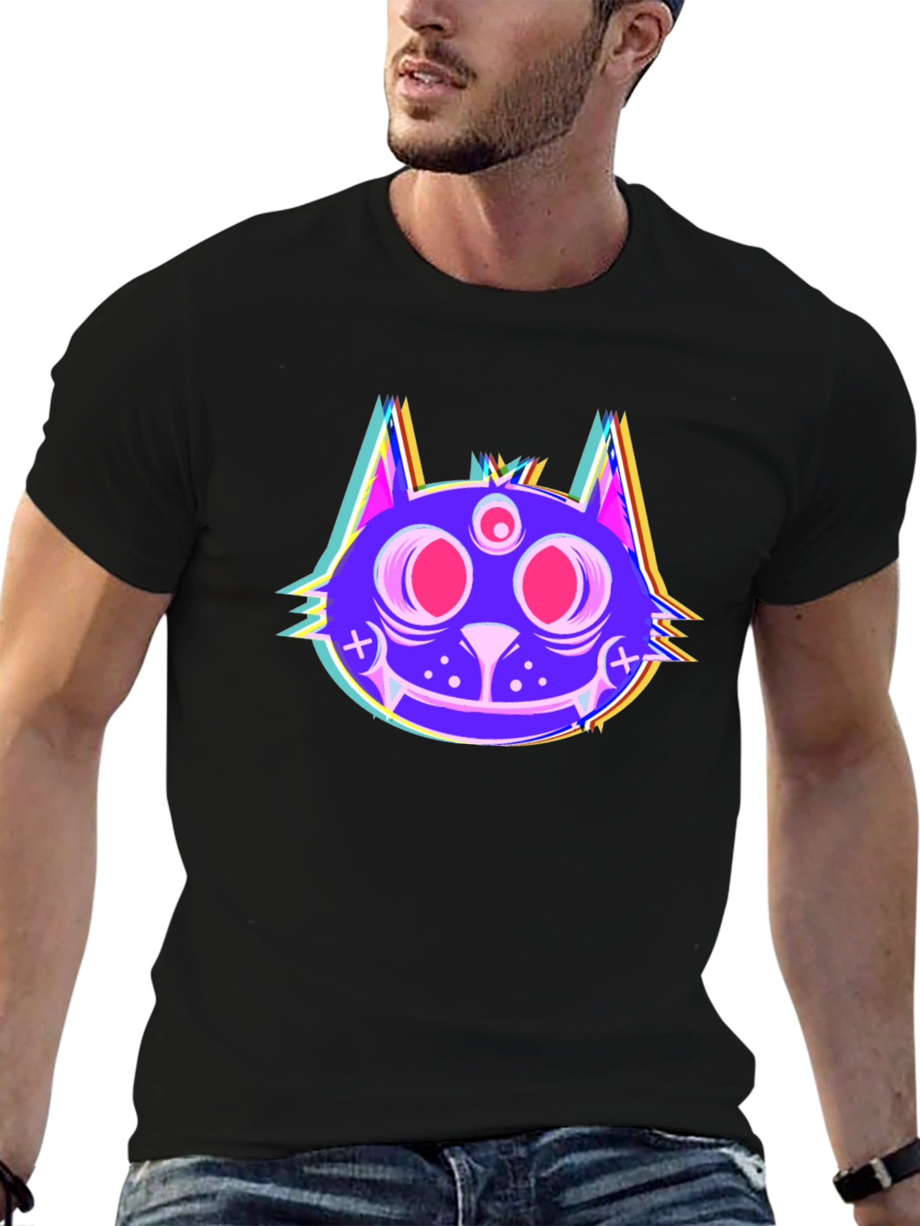 Psychedelic Cat Head Black T-Shirt
