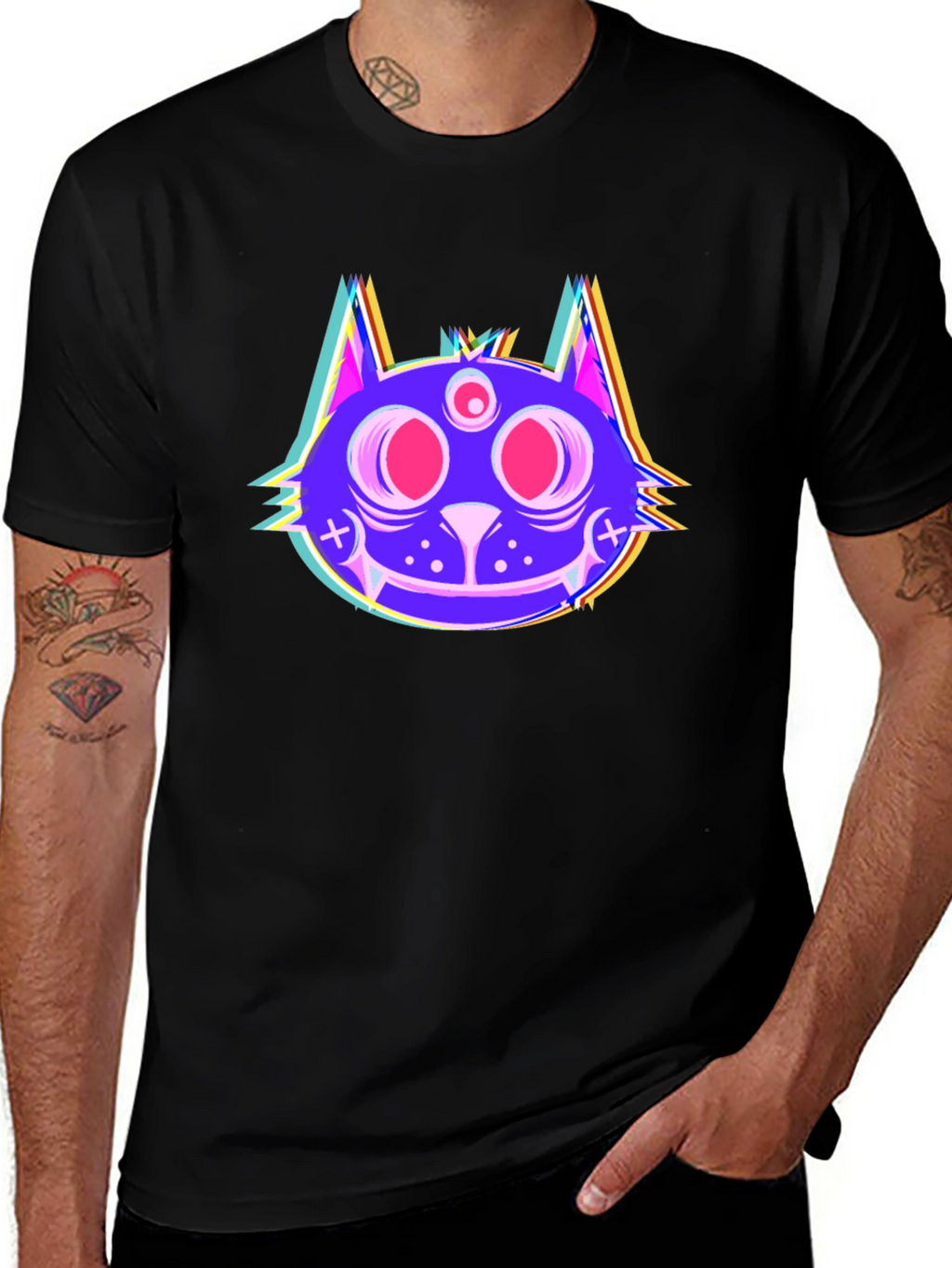 Psychedelic Cat Head Black T-Shirt