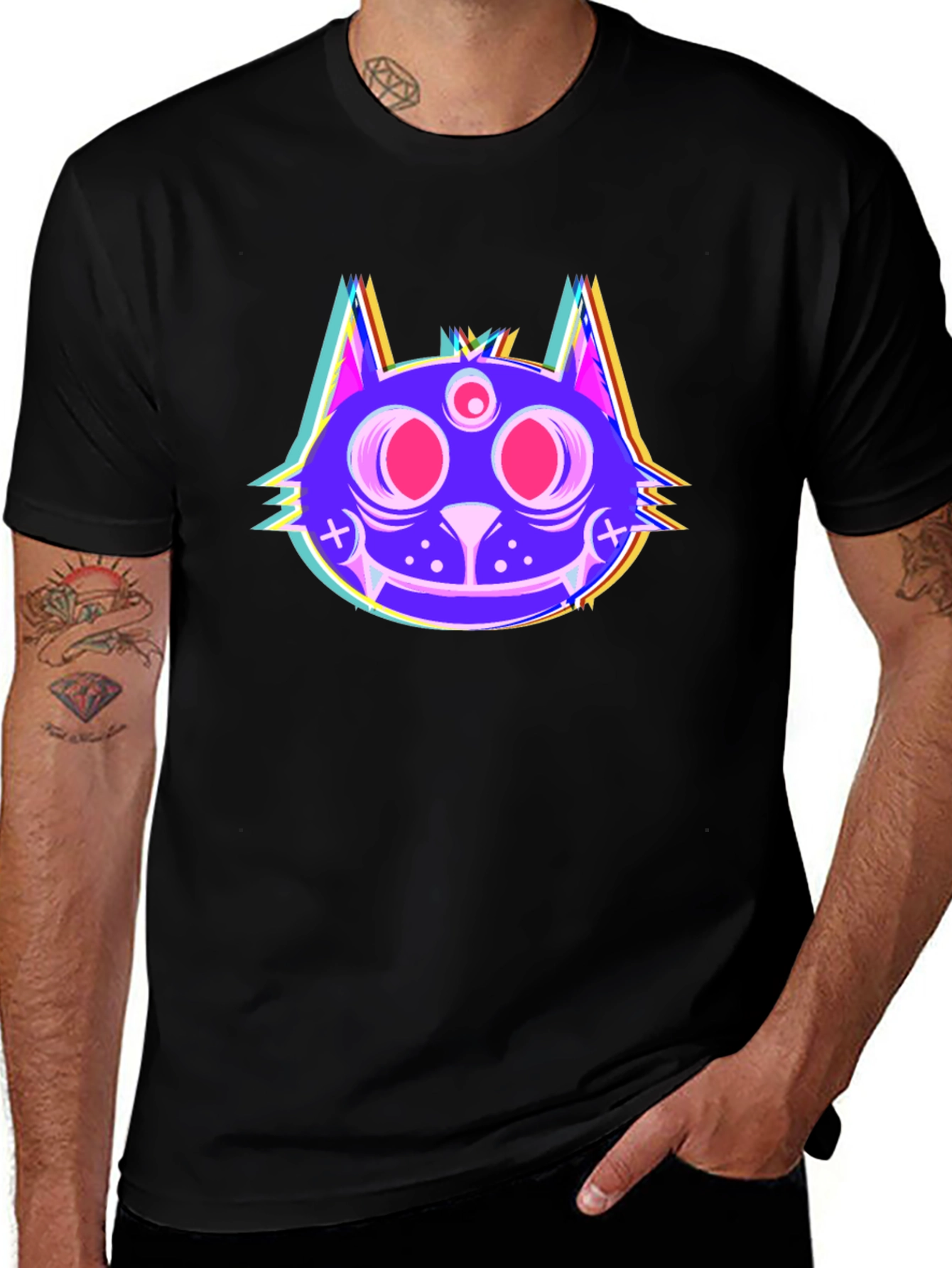 Psychedelic Cat Head Black T-Shirt