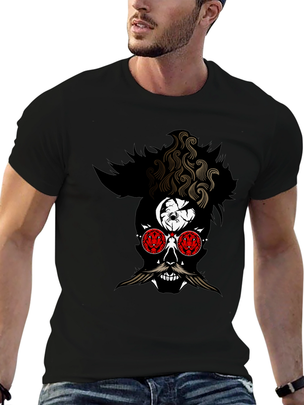 Skull with Mustache Graphic Tee - Mens Black T-Shirt
