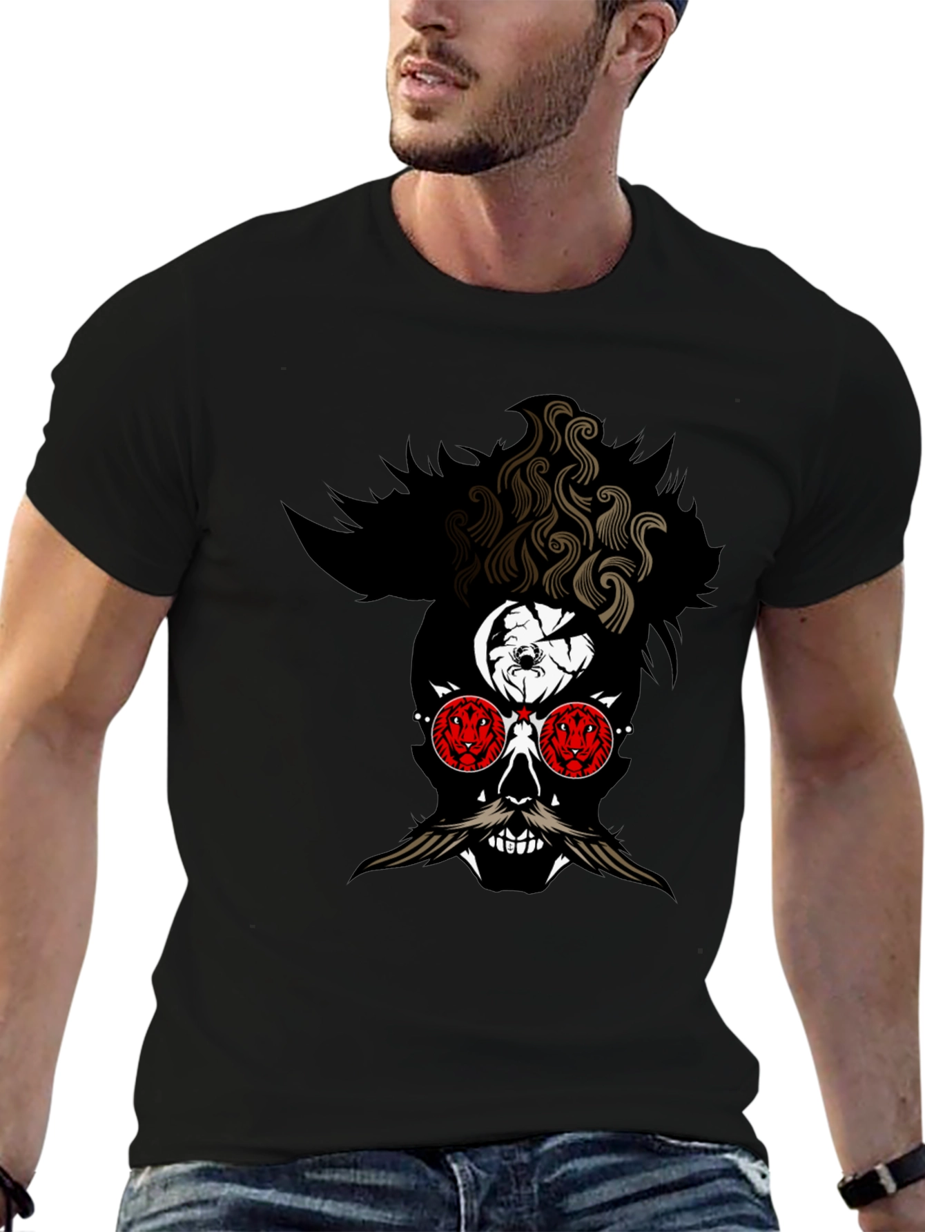 Skull with Mustache Graphic Tee - Mens Black T-Shirt