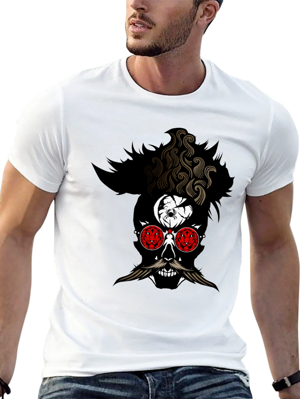 Skull with Mustache Graphic Tee - Mens Black T-Shirt