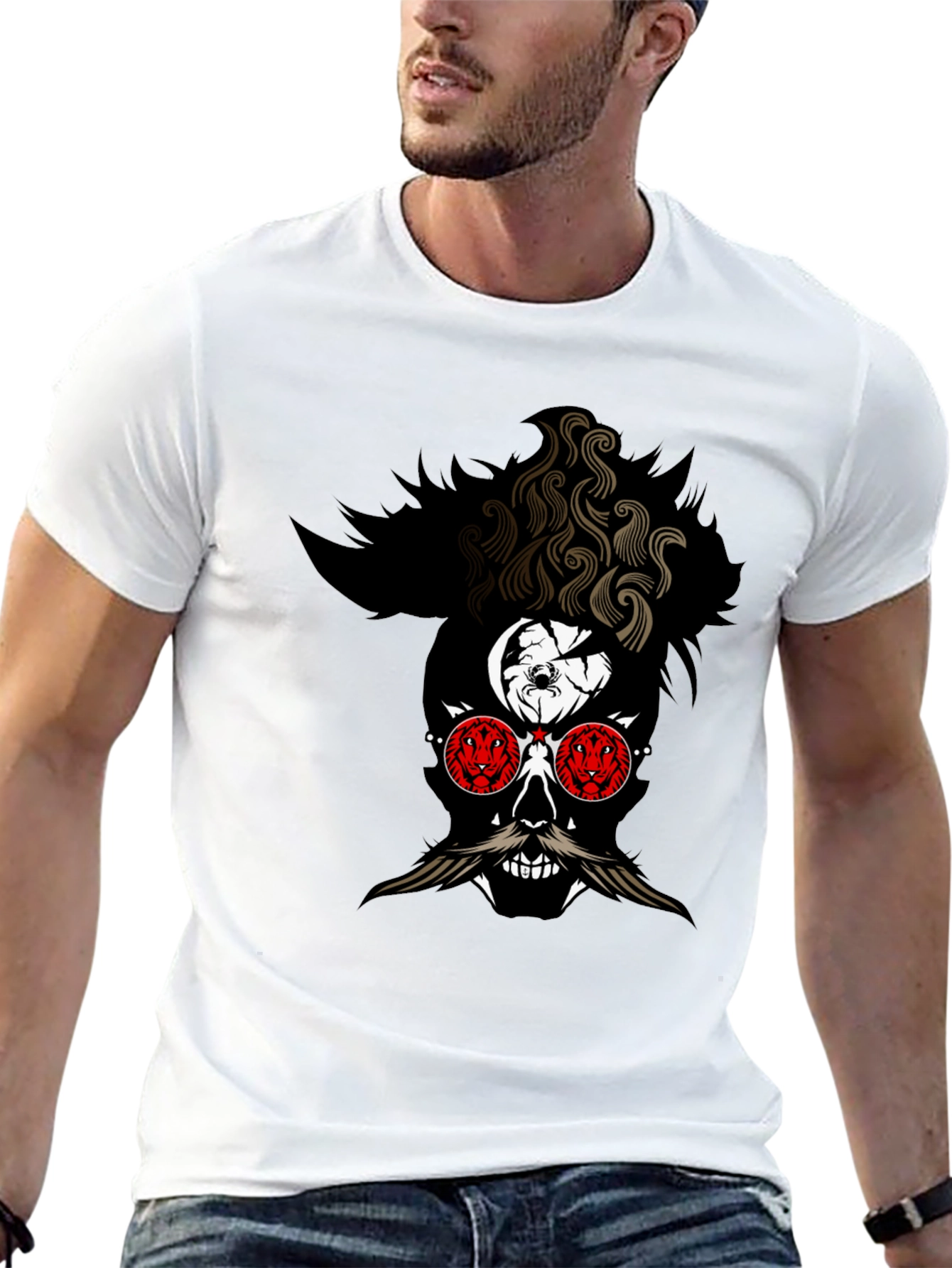 Skull with Mustache Graphic Tee - Mens Black T-Shirt