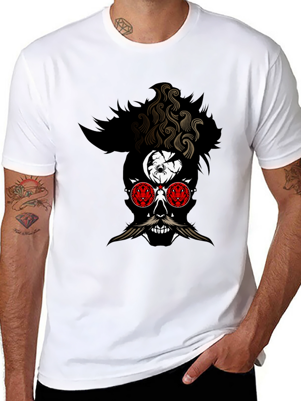 Skull with Mustache Graphic Tee - Mens Black T-Shirt