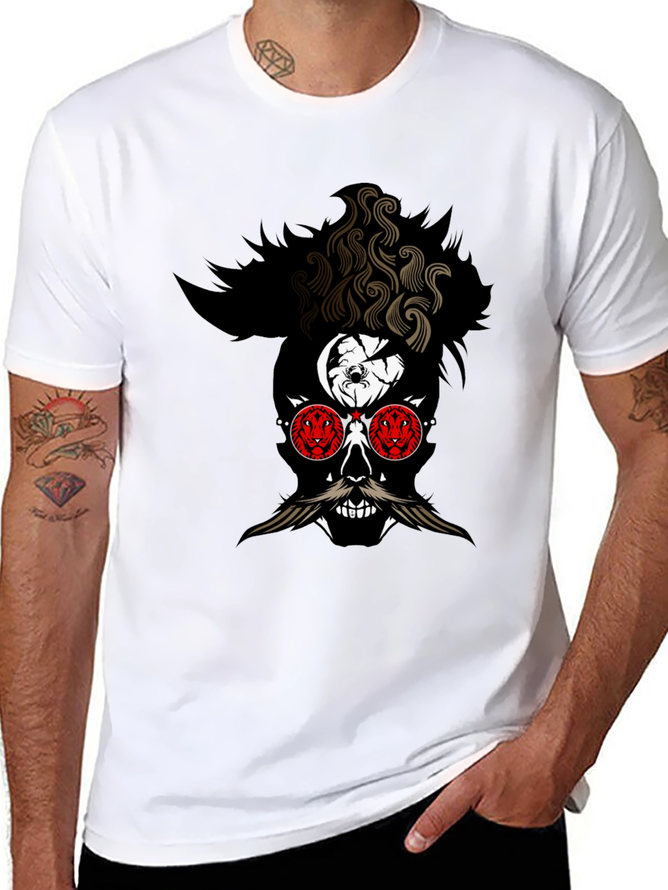 Skull with Mustache Graphic Tee - Mens Black T-Shirt