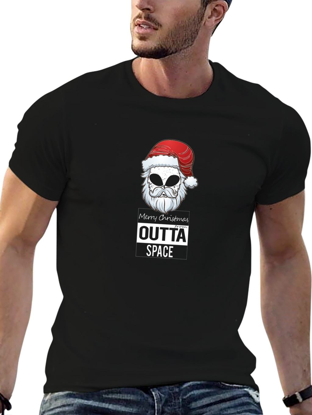 Outta Space Merry Christmas Alien Santa Black T-Shirt