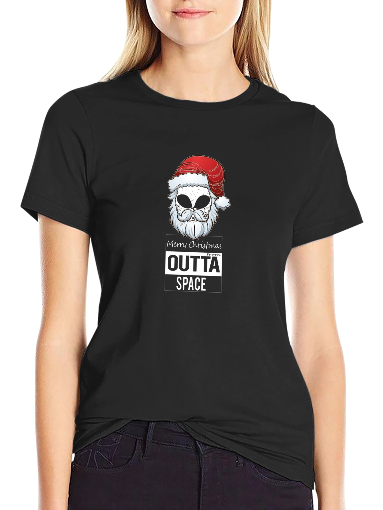 Outta Space Merry Christmas Alien Santa Black T-Shirt