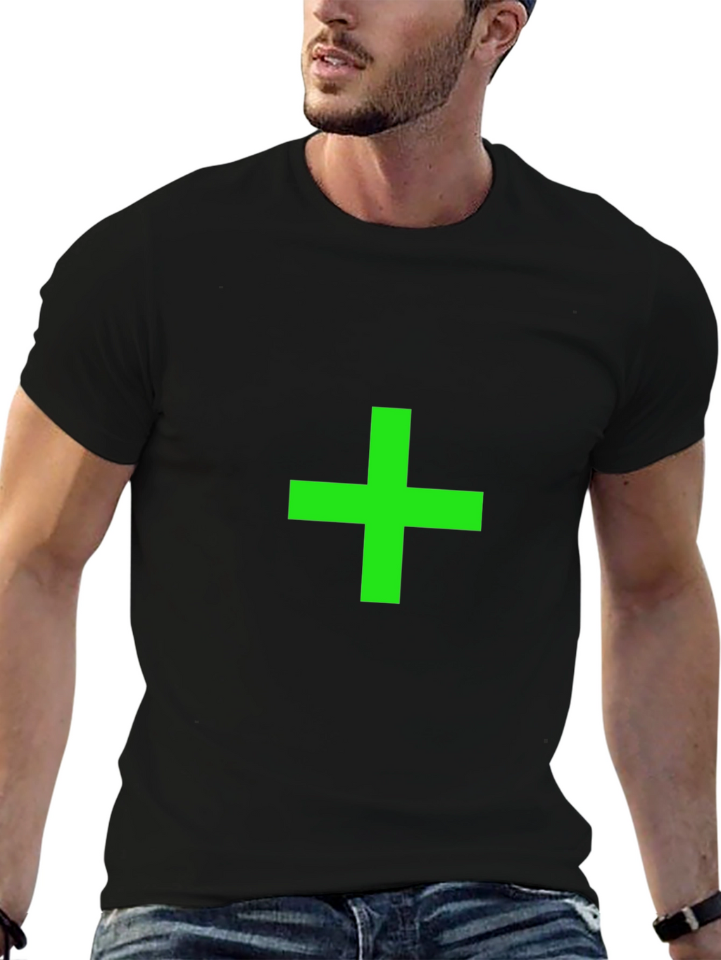 Green Plus Sign Black T-Shirt