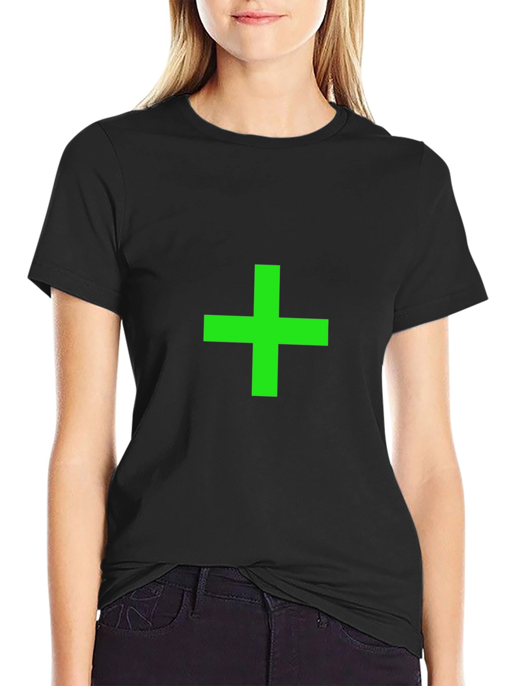 Green Plus Sign Black T-Shirt