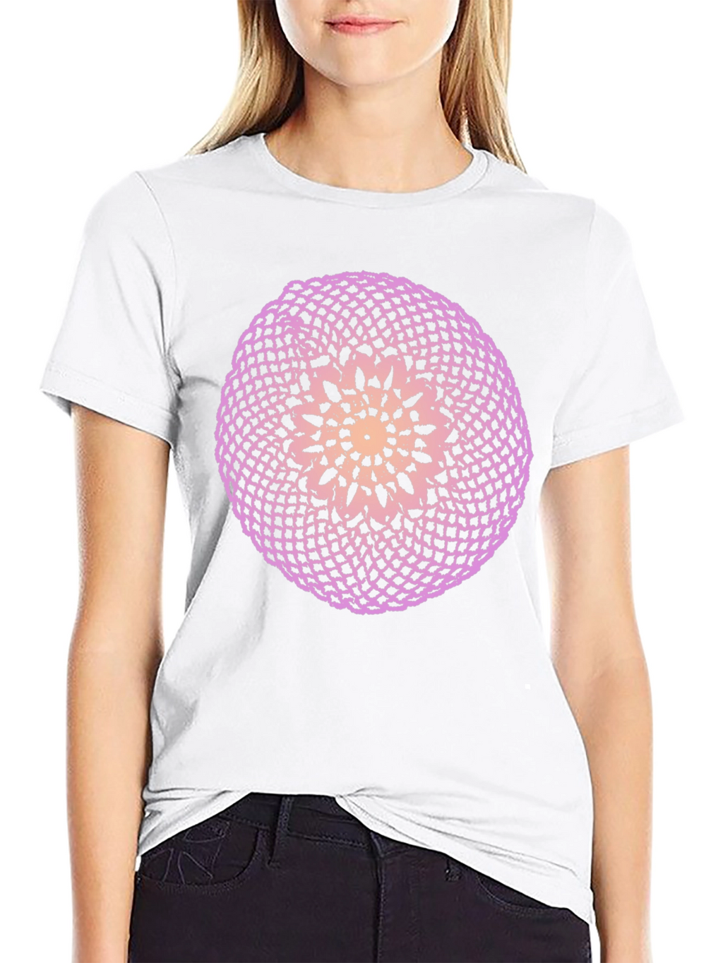 Black T-Shirt with Circular Crochet-Style Graphic