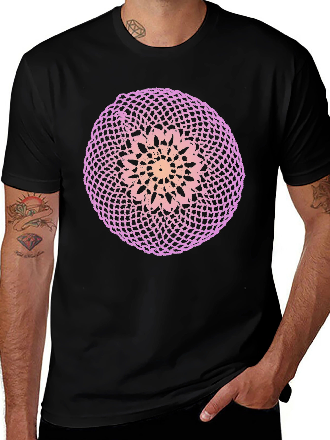 Black T-Shirt with Circular Crochet-Style Graphic