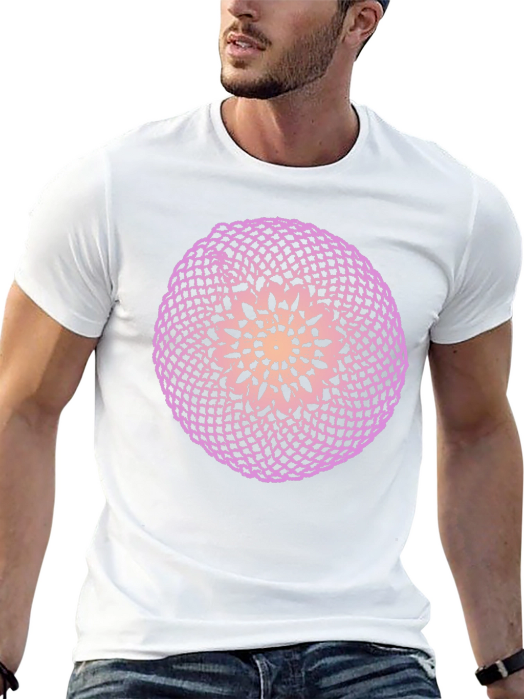 Black T-Shirt with Circular Crochet-Style Graphic