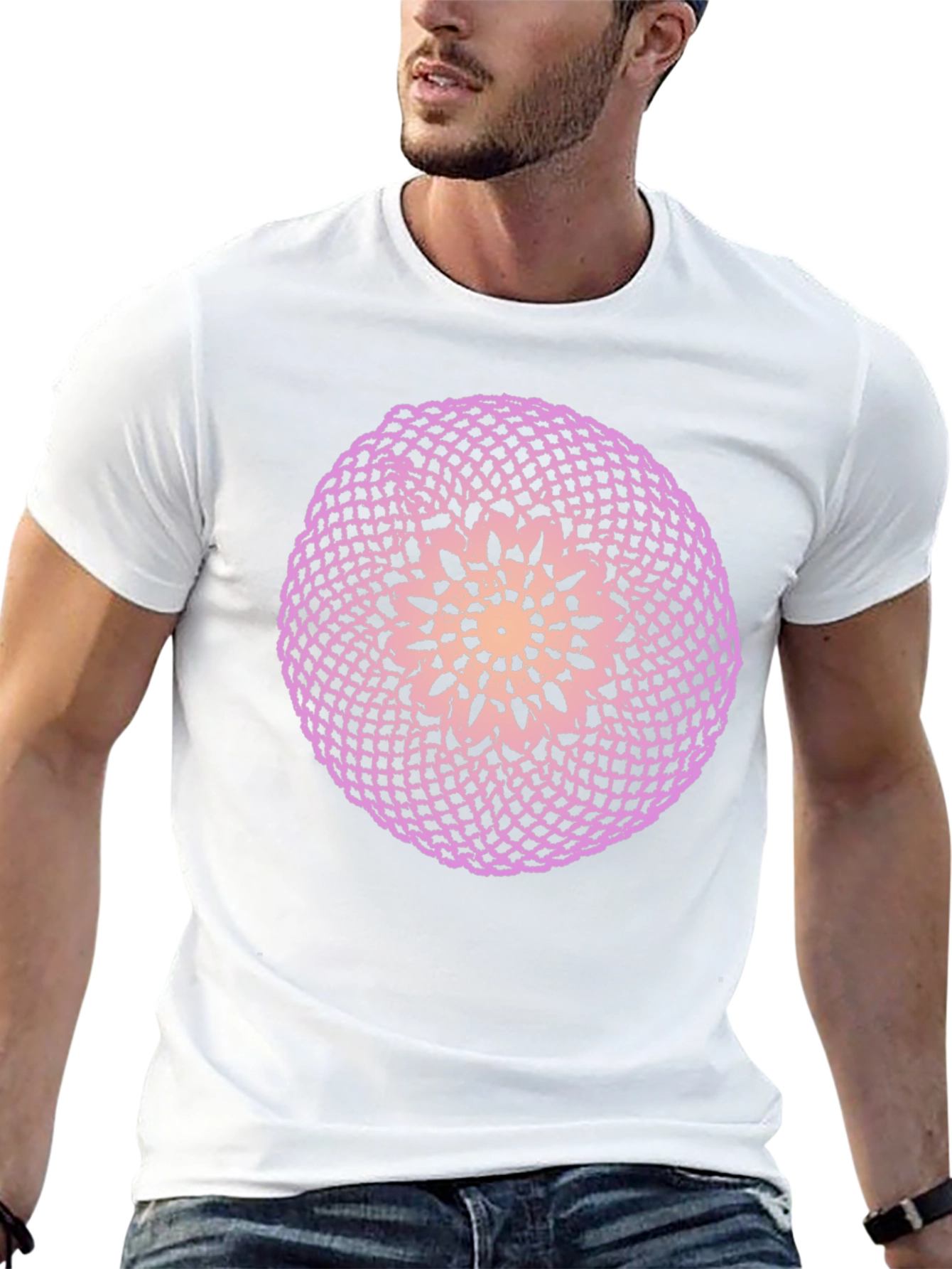 Black T-Shirt with Circular Crochet-Style Graphic