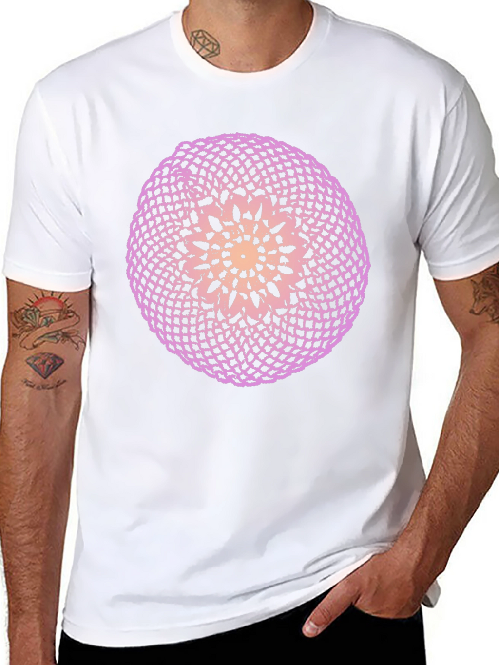 Black T-Shirt with Circular Crochet-Style Graphic