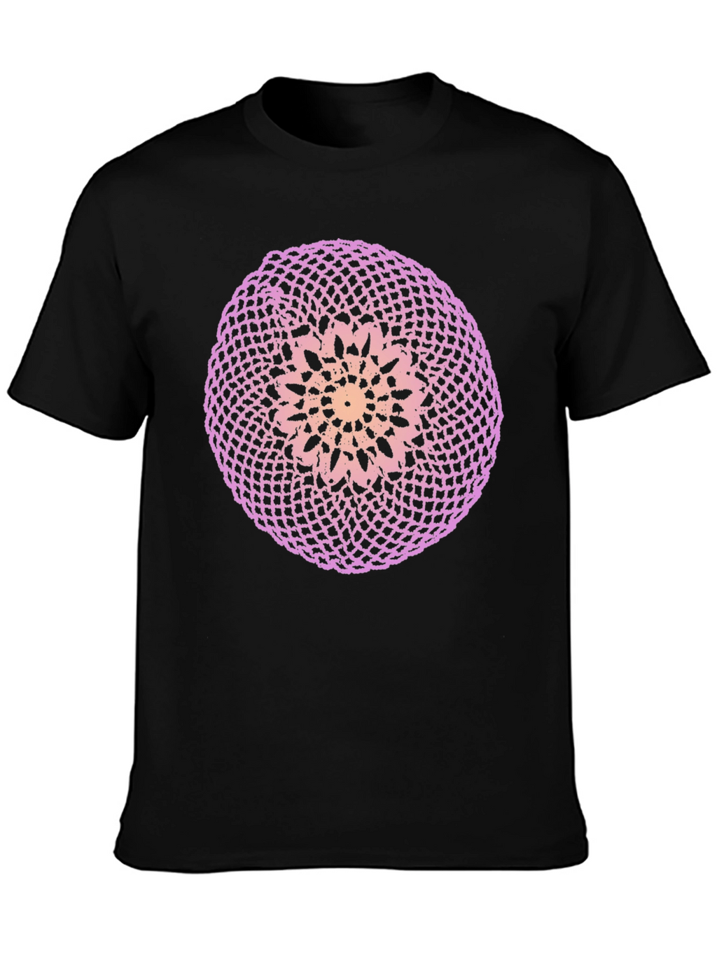 Black T-Shirt with Circular Crochet-Style Graphic
