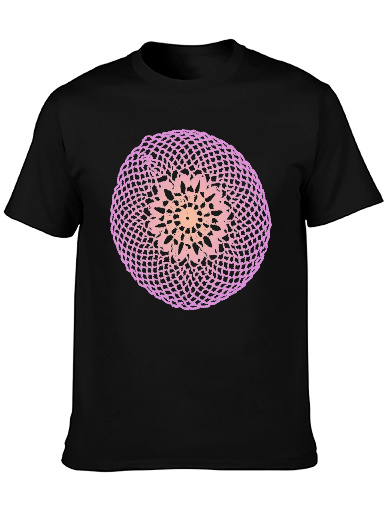 Black T-Shirt with Circular Crochet-Style Graphic