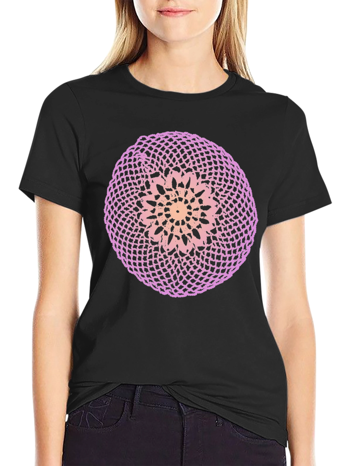 Black T-Shirt with Circular Crochet-Style Graphic