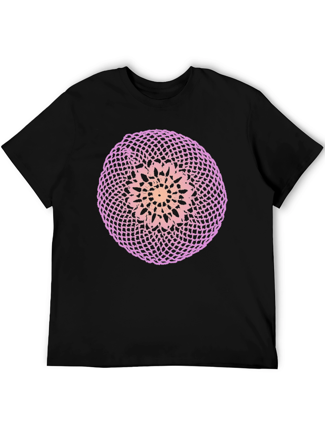 Black T-Shirt with Circular Crochet-Style Graphic