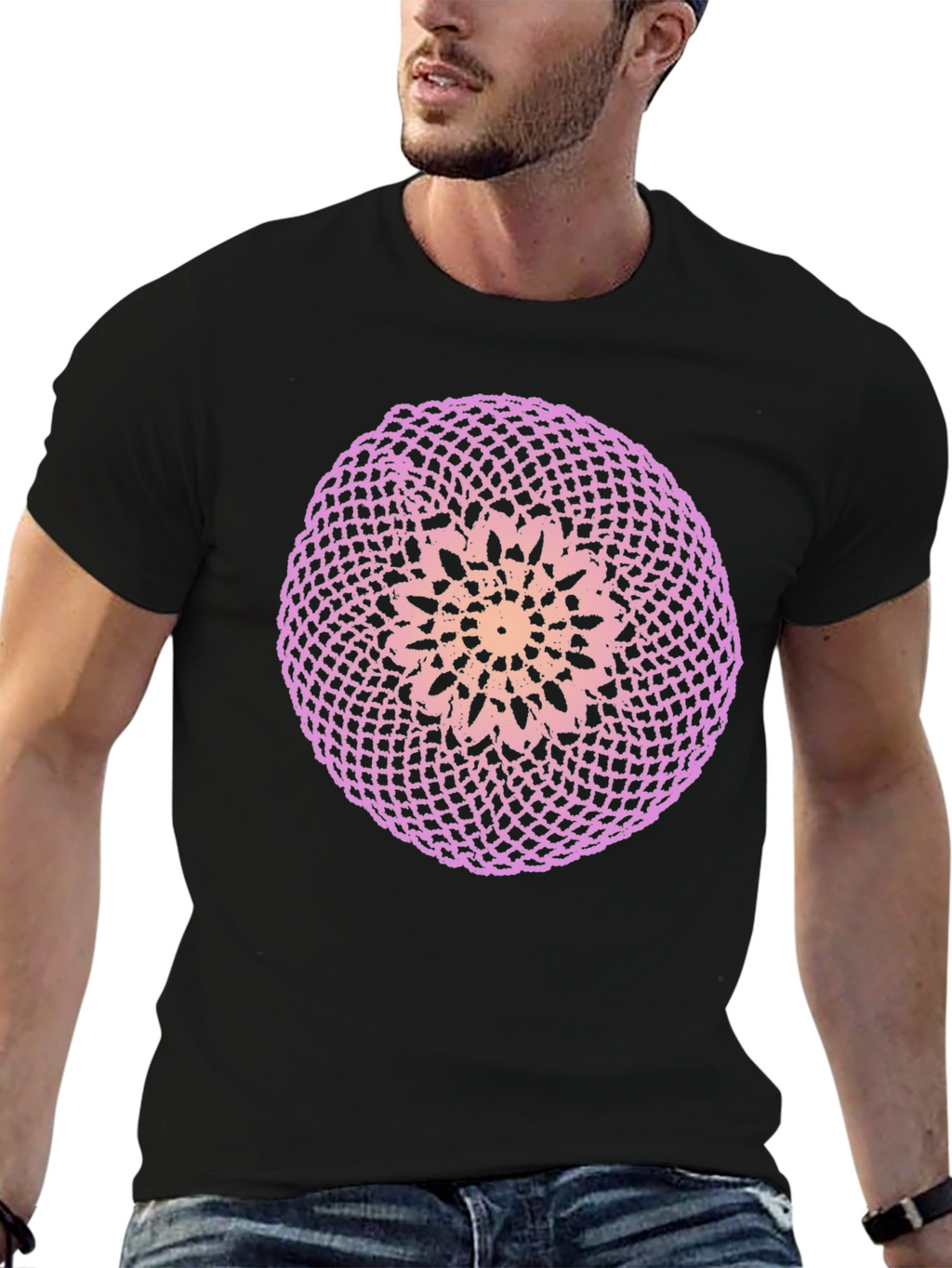Black T-Shirt with Circular Crochet-Style Graphic