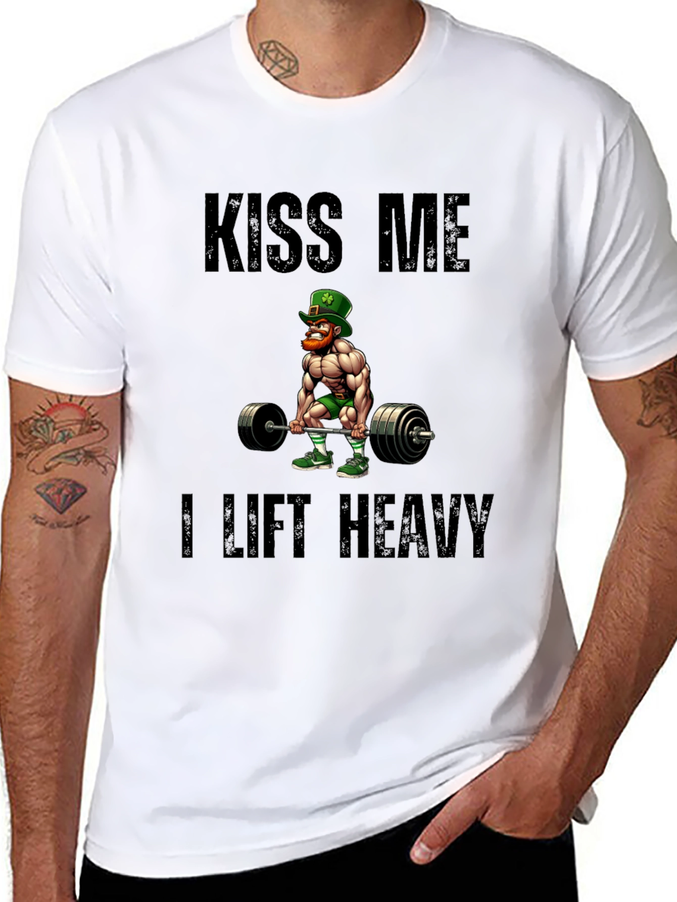 Kiss Me I Lift Heavy Leprechaun Workout St. Patricks Day T-Shirt
