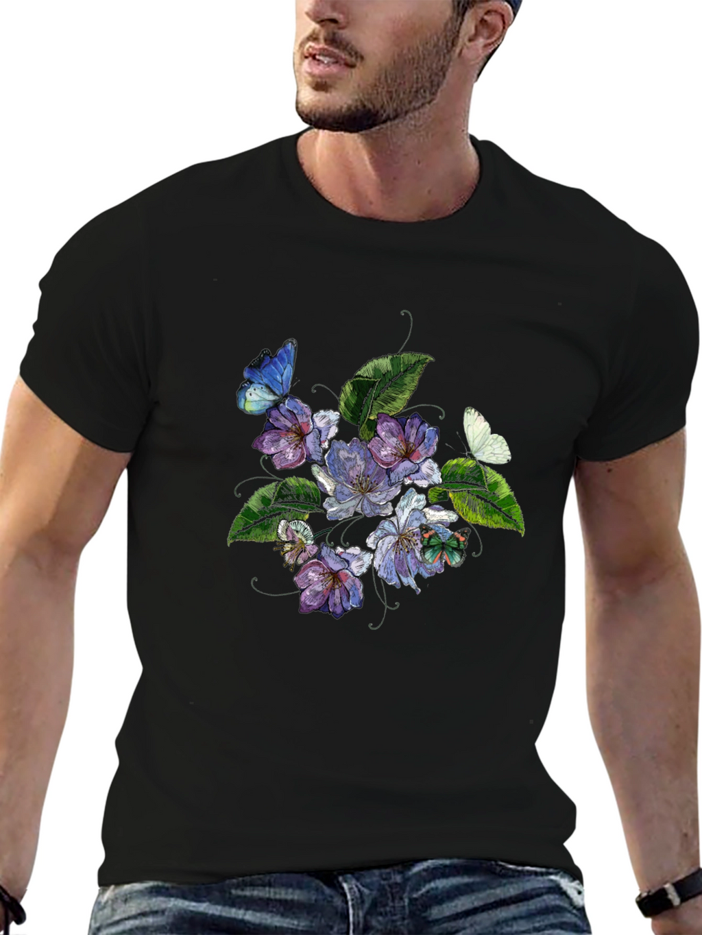 Floral Butterfly Graphic Black T-Shirt