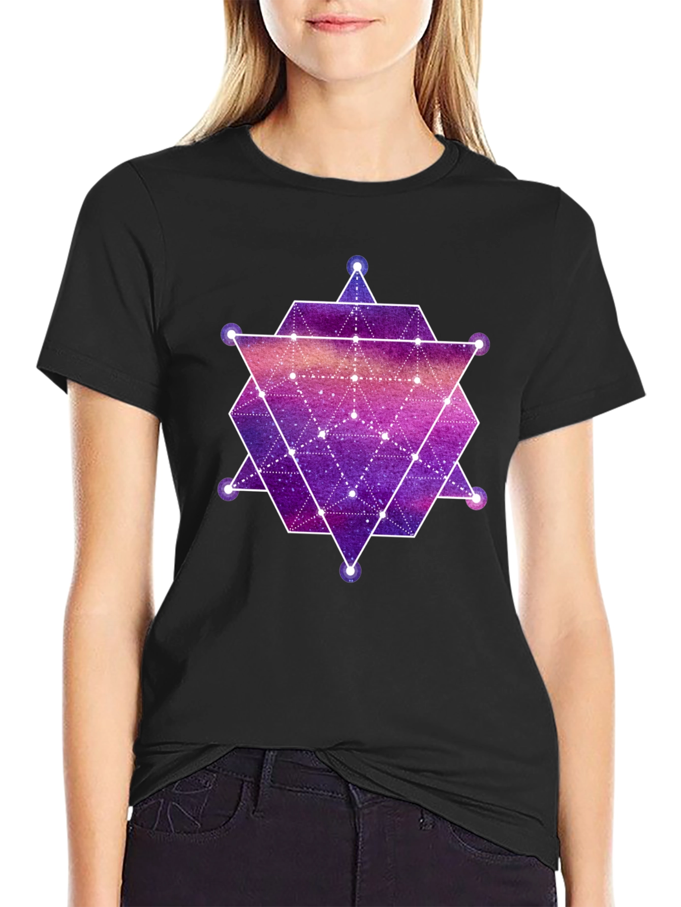 Geometric Galaxy Print Black T-Shirt