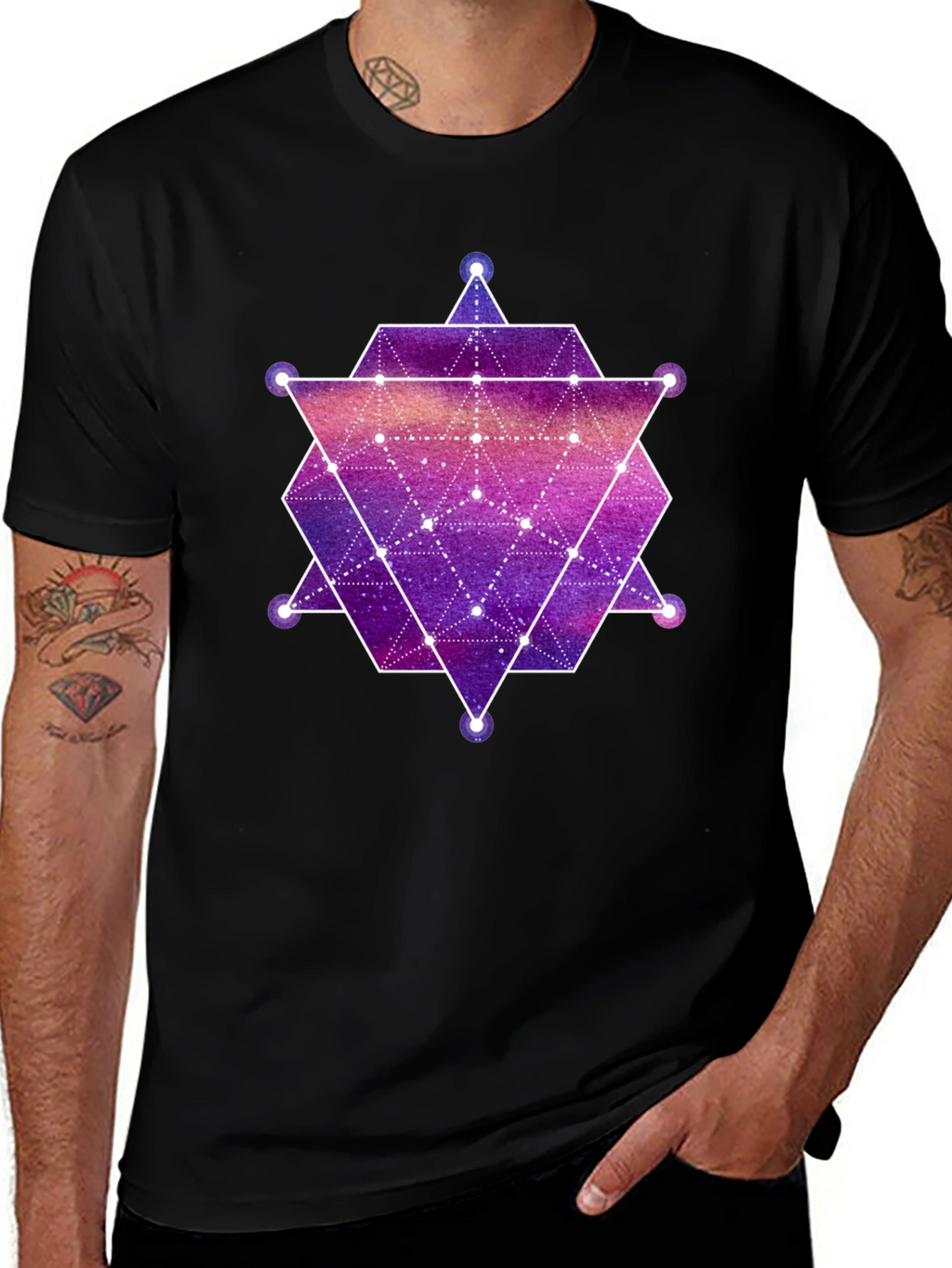 Geometric Galaxy Print Black T-Shirt