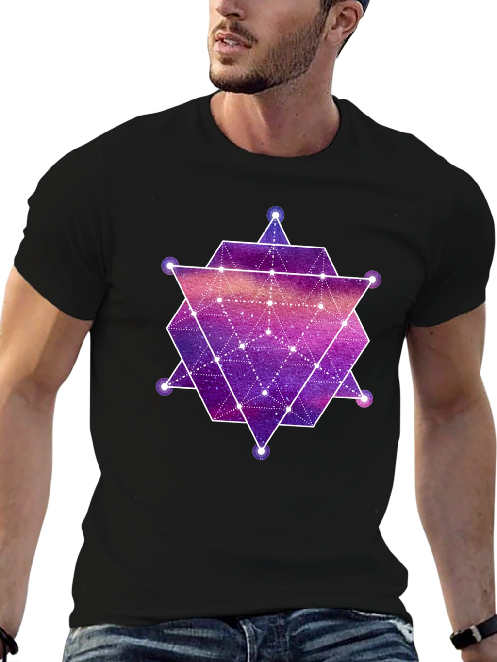 Geometric Galaxy Print Black T-Shirt