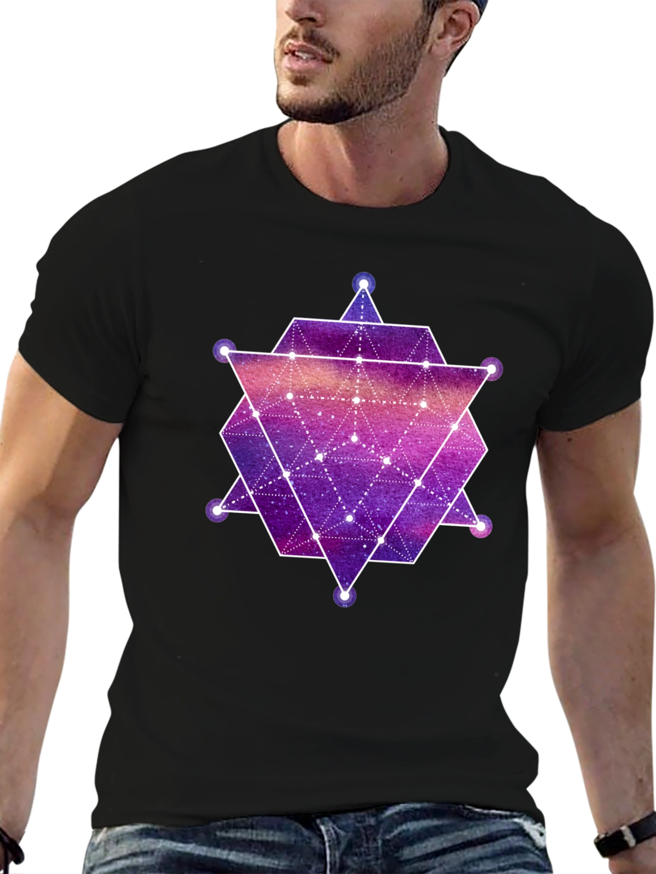 Geometric Galaxy Print Black T-Shirt