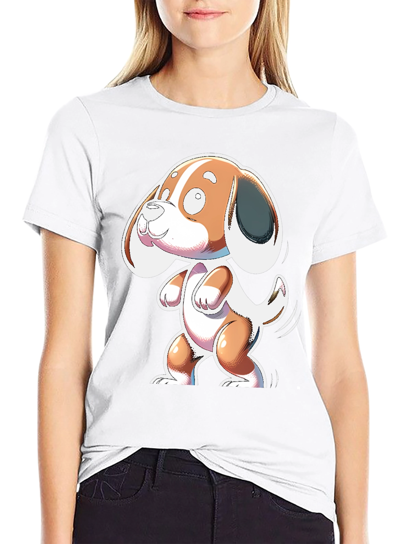 Cartoon Dog Graphic Tee - Black Cotton Blend