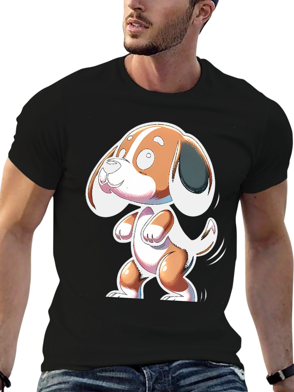 Cartoon Dog Graphic Tee - Black Cotton Blend