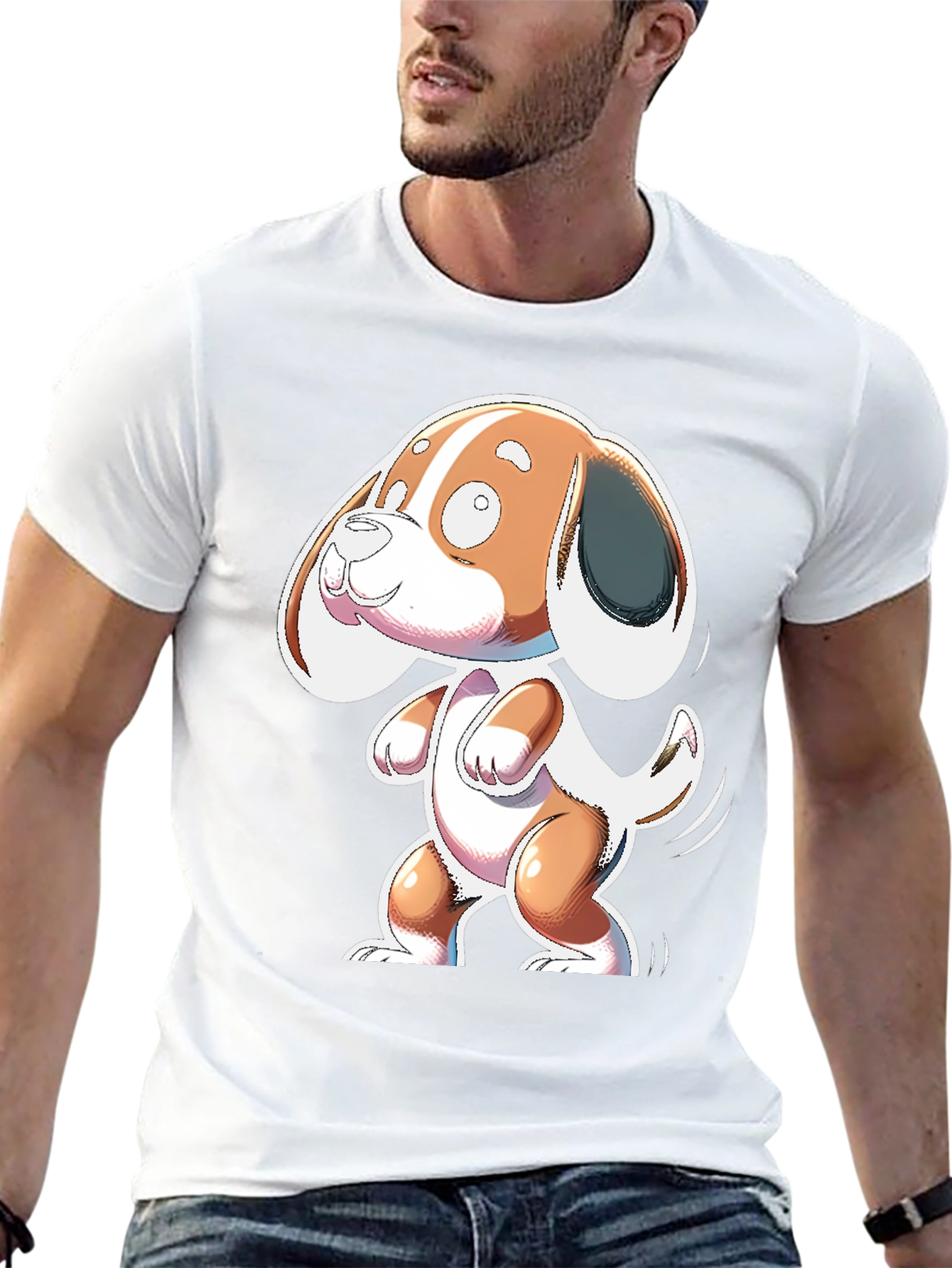 Cartoon Dog Graphic Tee - Black Cotton Blend