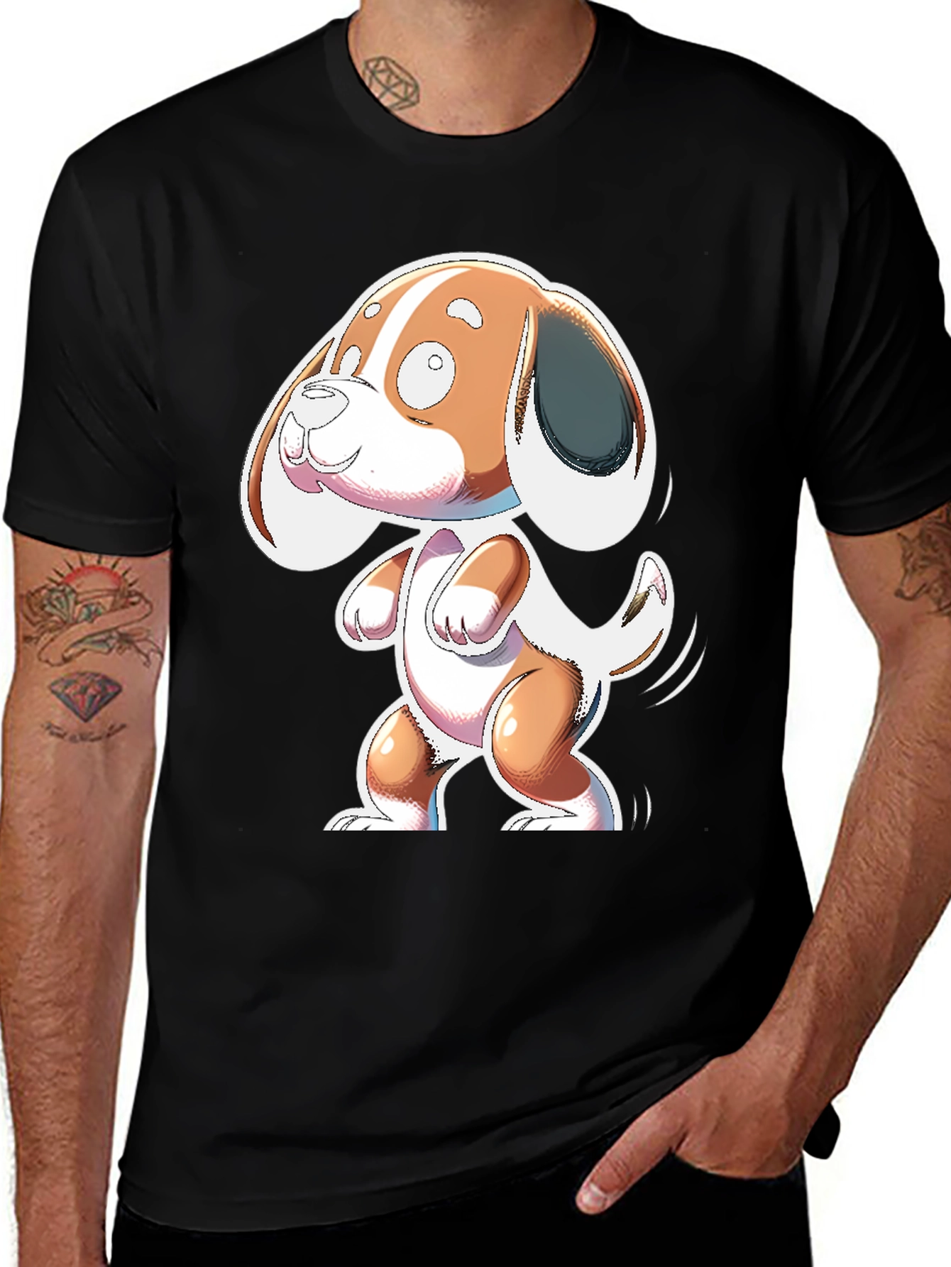 Cartoon Dog Graphic Tee - Black Cotton Blend