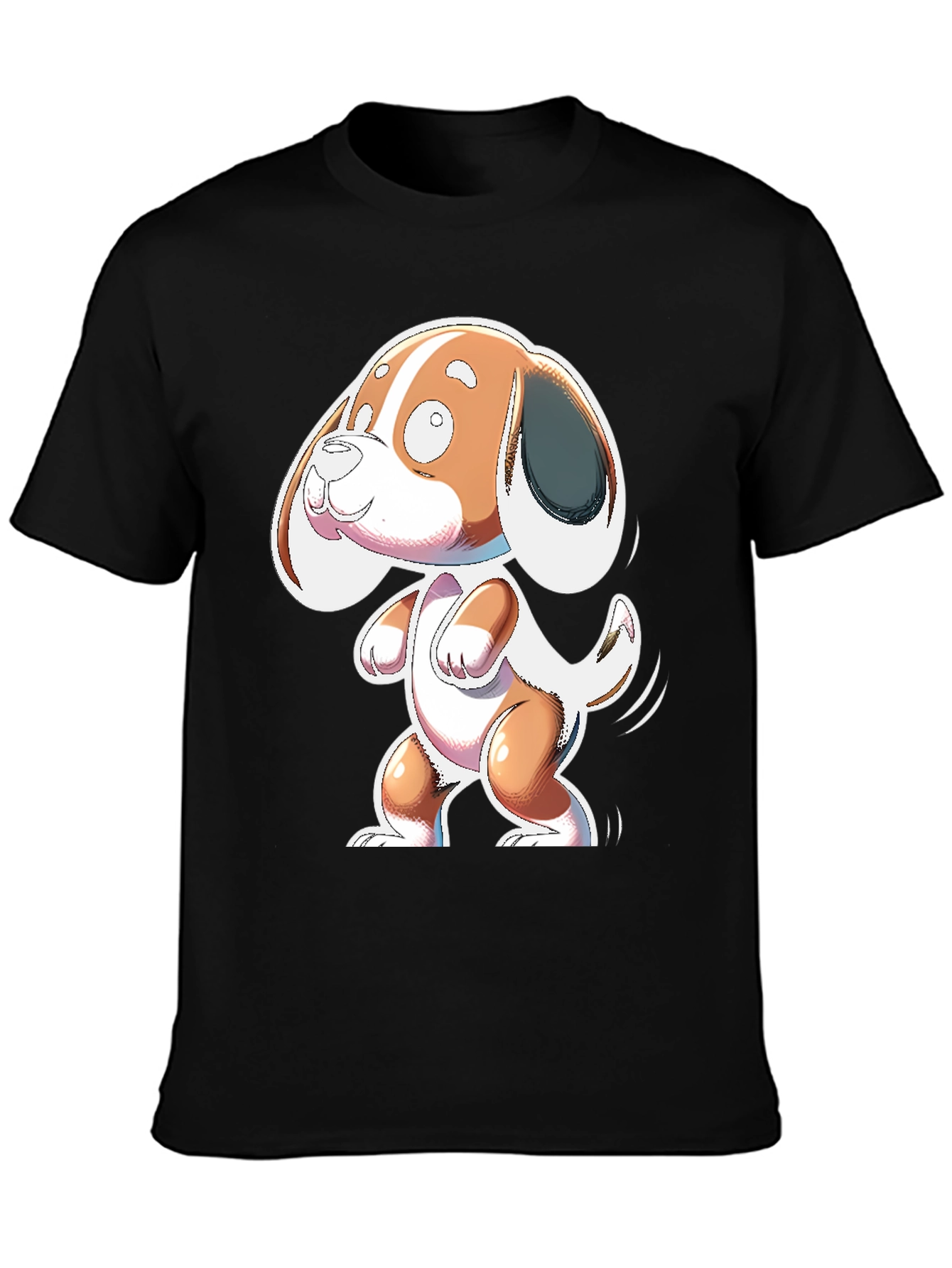 Cartoon Dog Graphic Tee - Black Cotton Blend