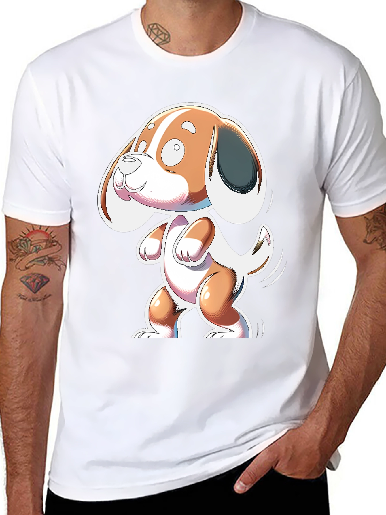 Cartoon Dog Graphic Tee - Black Cotton Blend