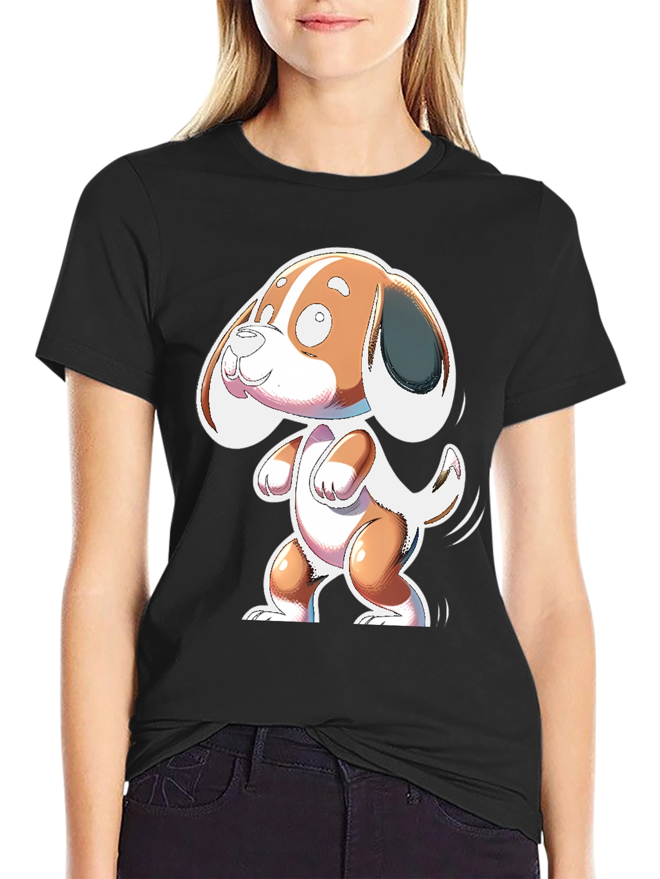 Cartoon Dog Graphic Tee - Black Cotton Blend