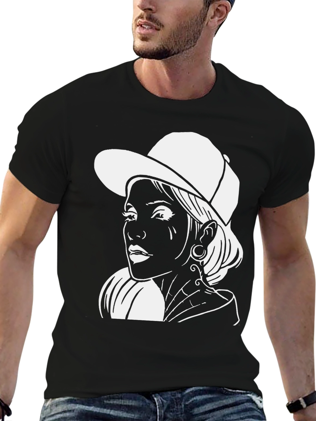 Black T-Shirt with White Graphic Print