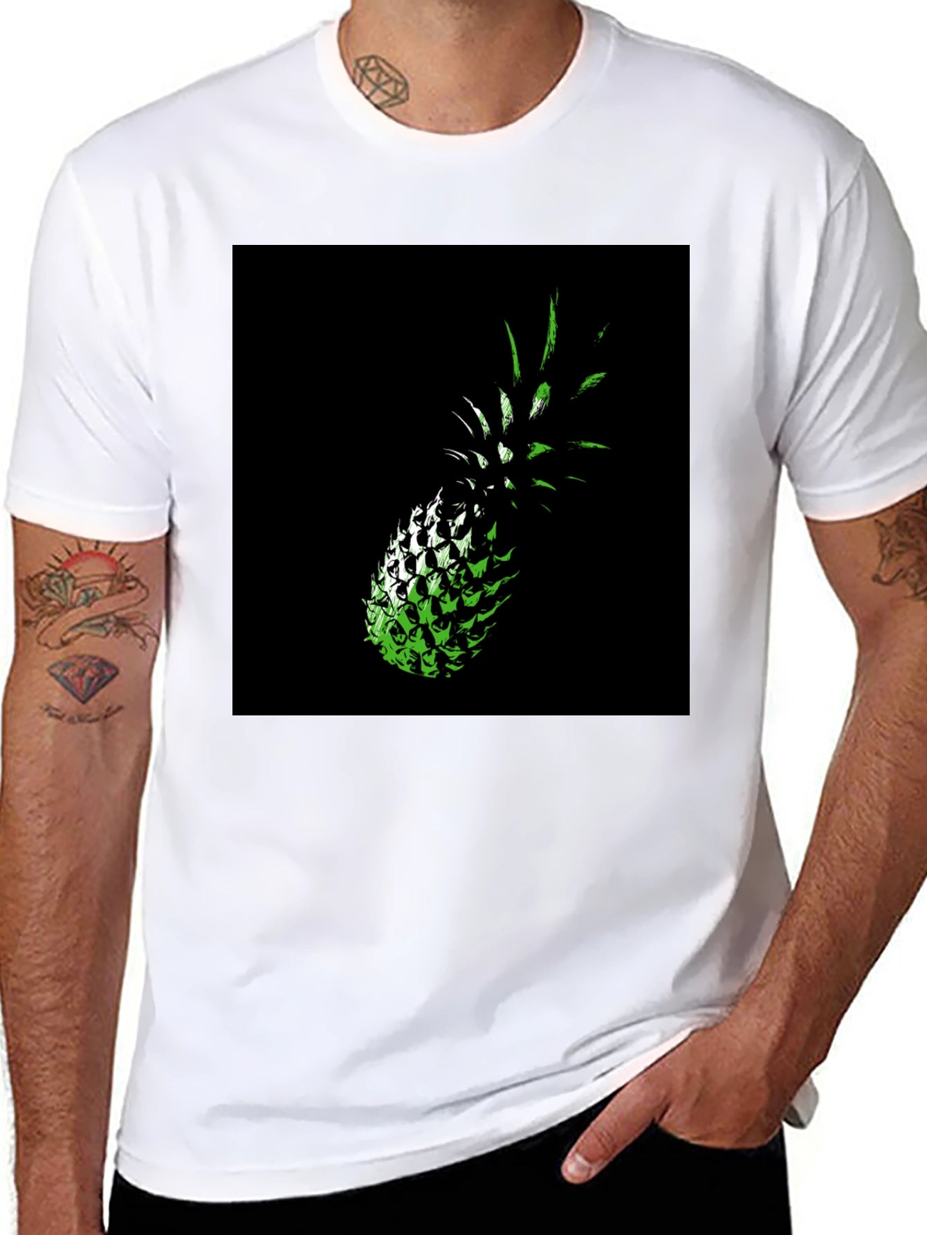 Green Pineapple Graphic Print Black T-Shirt