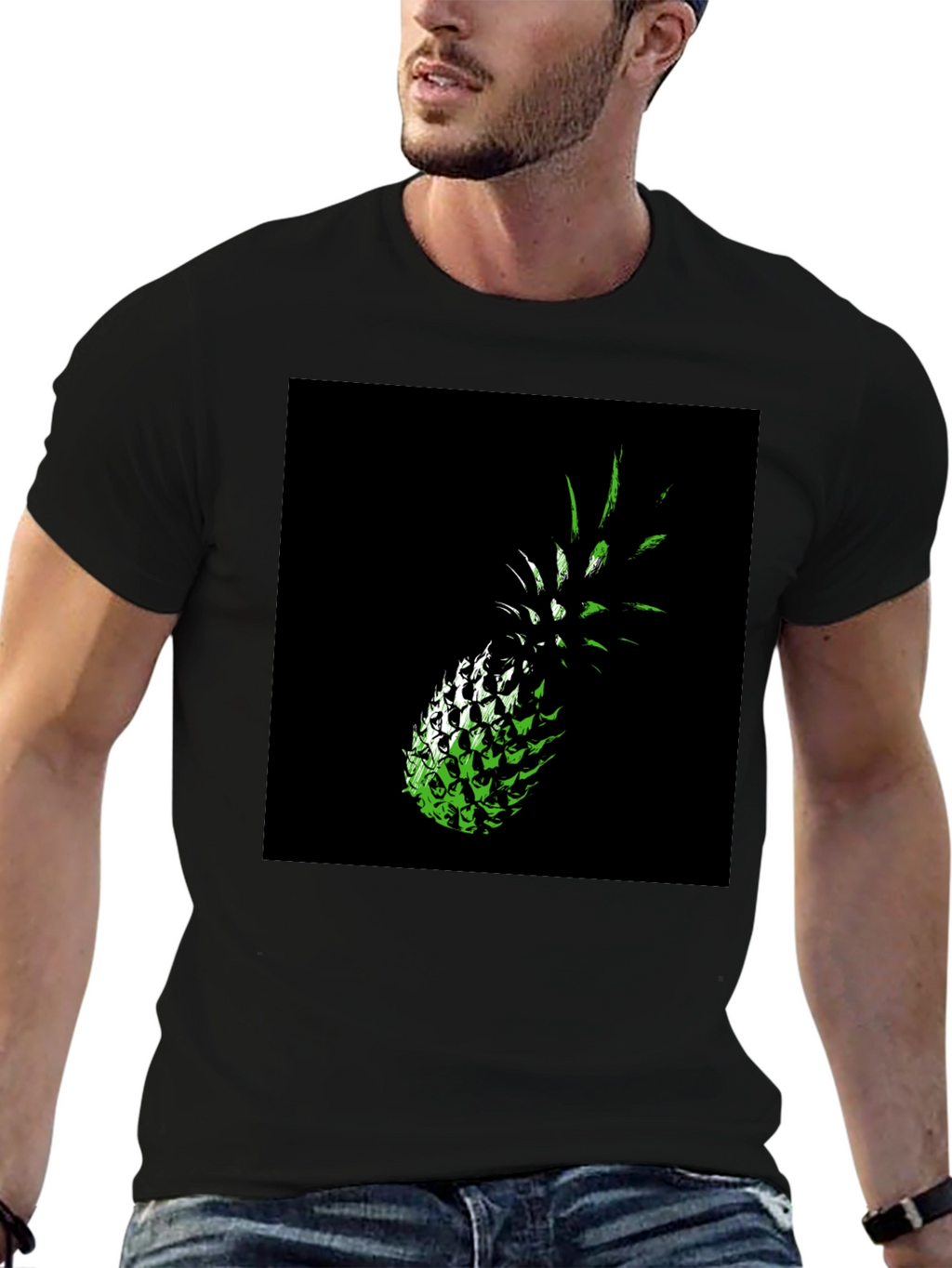 Green Pineapple Graphic Print Black T-Shirt
