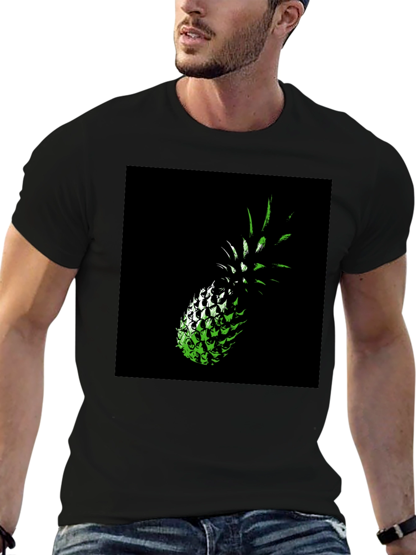 Green Pineapple Graphic Print Black T-Shirt