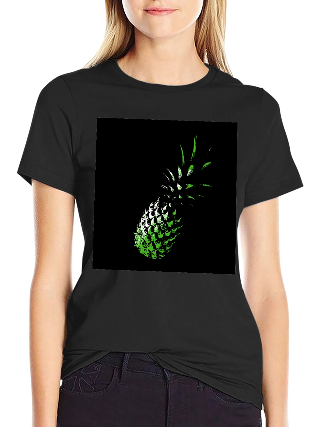 Green Pineapple Graphic Print Black T-Shirt