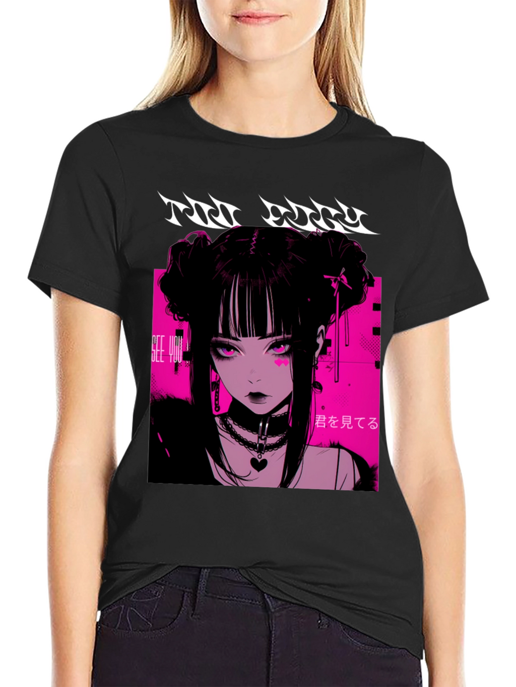 Anime Girl Graphic Tee - Black