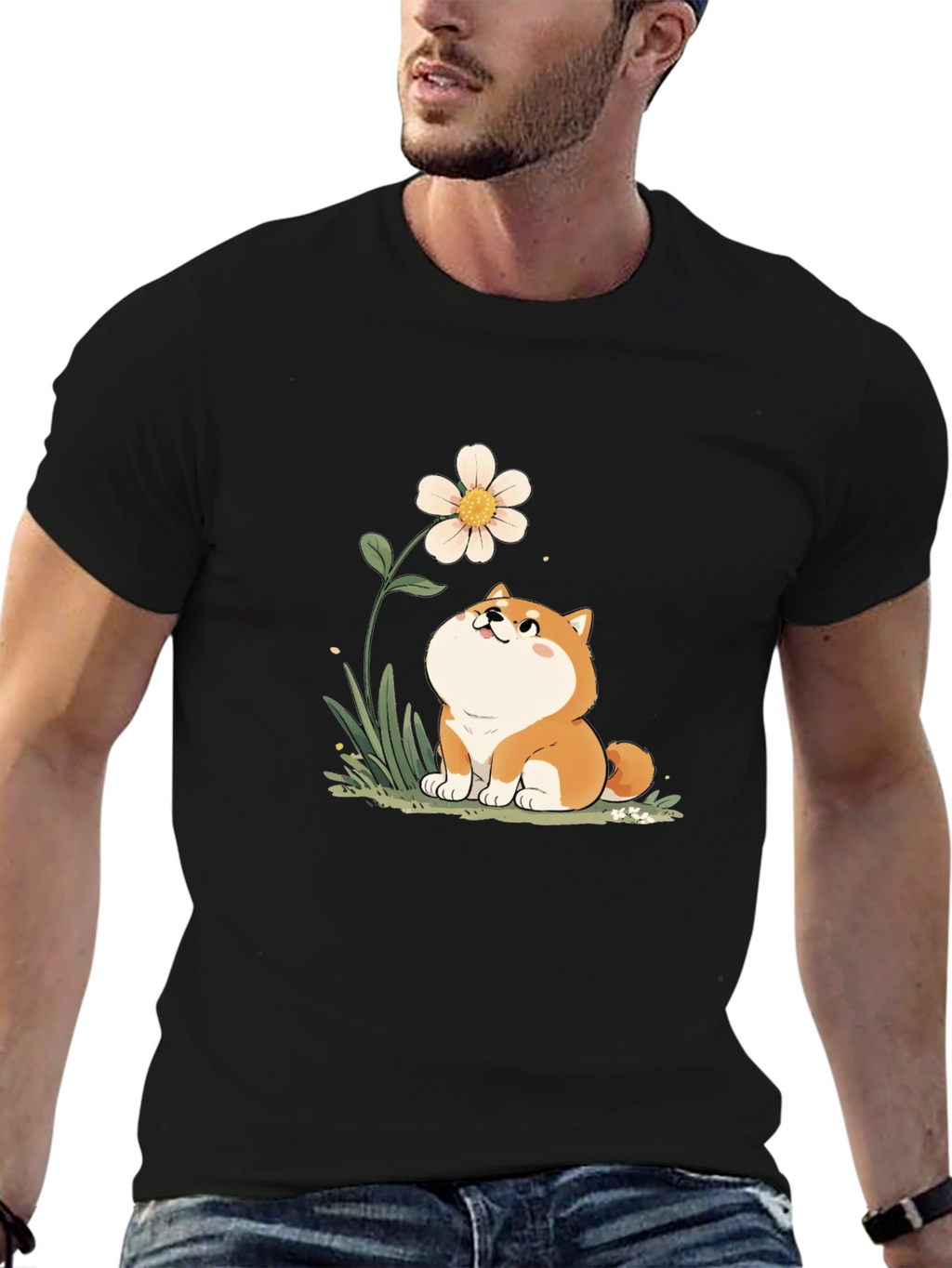 Cute Shiba Inu Flower T-Shirt - Black